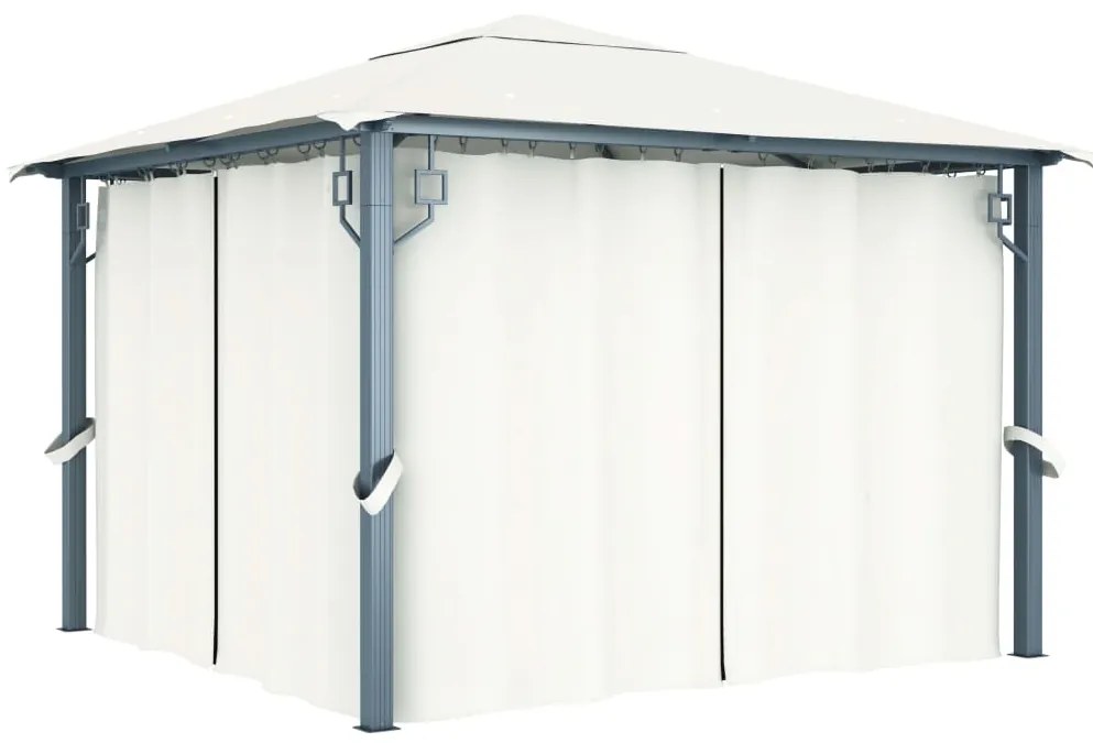 Gazebo com cortinas e cordões de luzes LED 3x3m alumínio creme