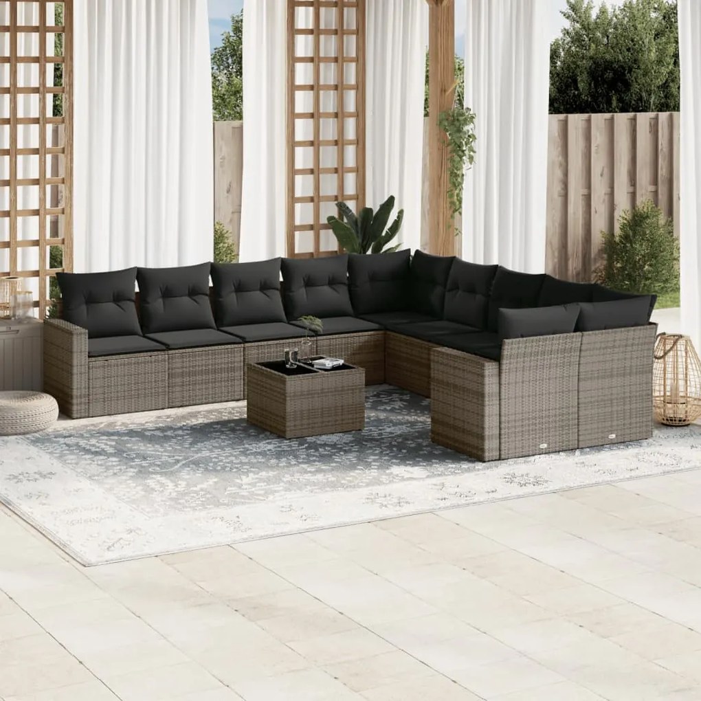 11 pcs conjunto sofás de jardim c/ almofadões vime PE cinzento