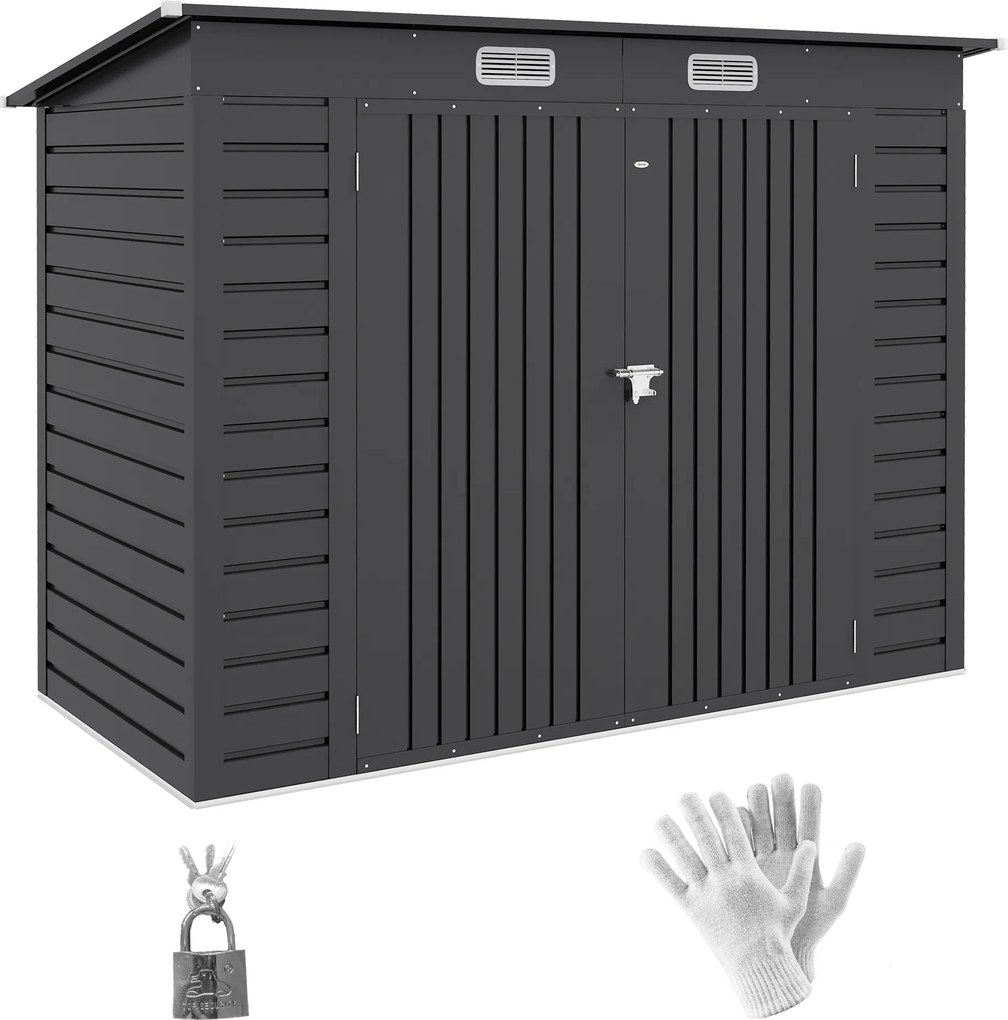 Abrigo de Jardim 2,7m² 249x121x183 cm Abrigo de Exterior com Porta Dupla 2 Ventilaç4oes e Trava Abrigo para Pátio Cinza