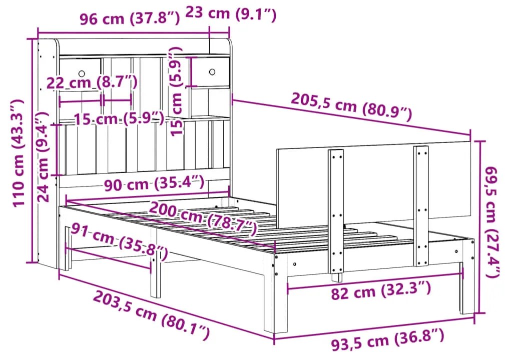 Cama com estante sem colchão 90x200 cm pinho maciço branco