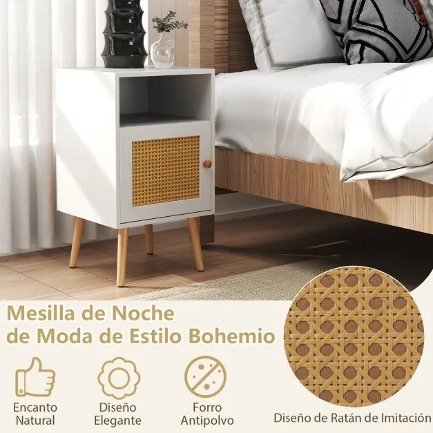 Mesa cabeçeira ou mesa Apoio com Estante Aberta e Porta Decorada em Rattan PE para Quarto Sala de Estar 40 x 39 x 70 cm Branco