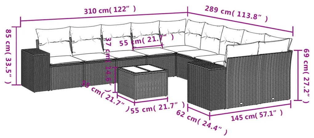 11 pcs conjunto sofás de jardim c/ almofadões vime PE bege