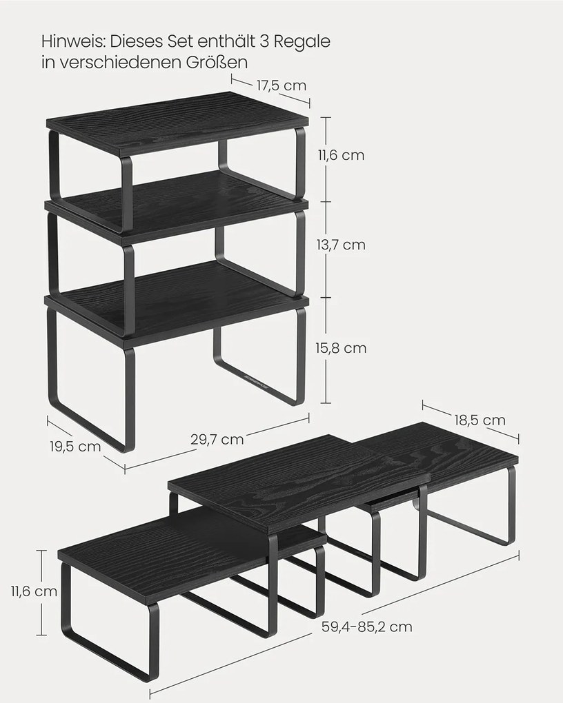 Conjunto de 3 prateleiras cozinha para especiarias empilháveis e extensíveis, cinzento antracite-preto