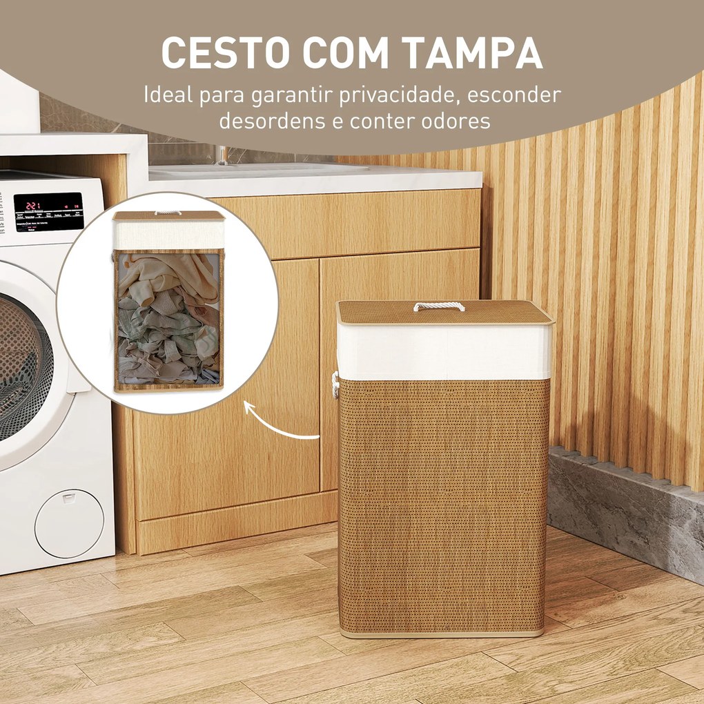 Cesto de Roupa com Tampa 72L Cesto de Roupa de Bambu com Bolsa Interior Removível e Alças 40x30x60 cm Madeira e Creme