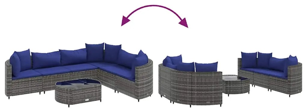 7 pcs conjunto sofás p/ jardim c/ almofadões vime PE cinzento
