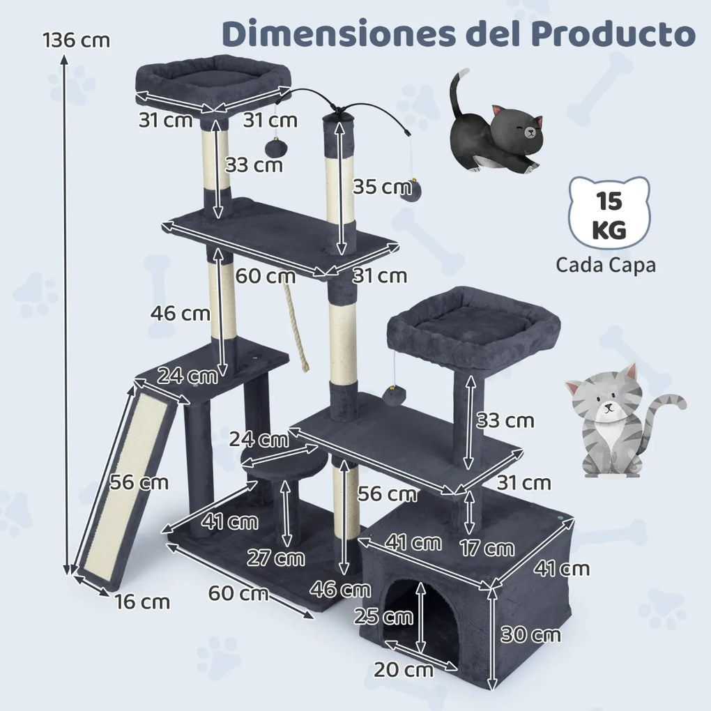 Arranhador para gatos de 136 cm com vários níveis, postes para arranhar em sisal, rampa e 2 poleiros Cinza escuro