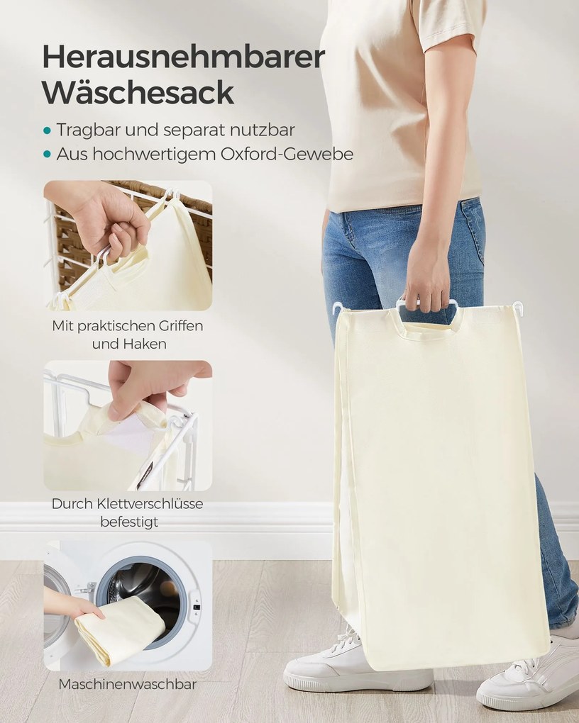 Cesto para roupa suja 46 x 33 x 65 cm com rodas e saco para roupa suja bege natural-branco creme