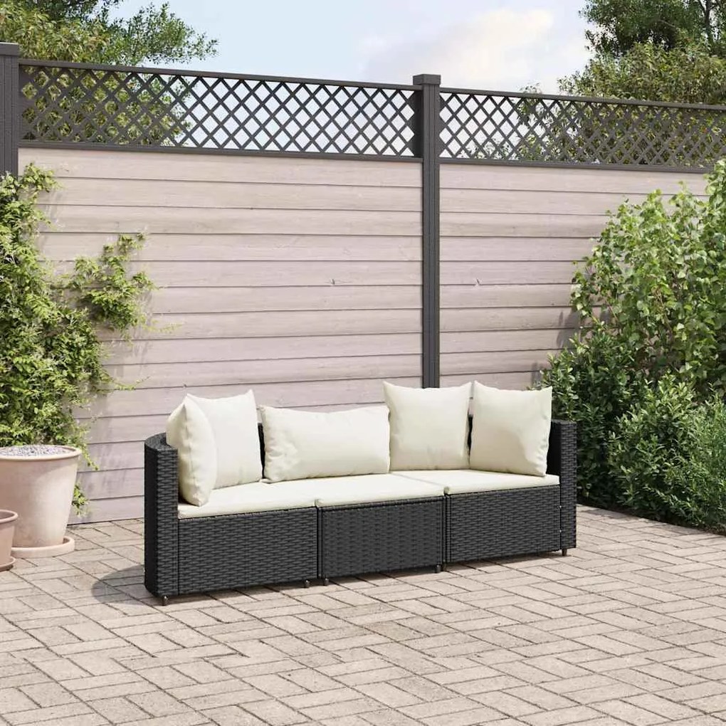 vidaXL 3 pcs conjunto sofás de jardim com almofadões vime PE preto