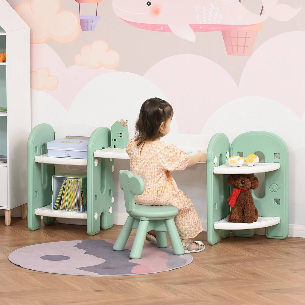 HOMCOM Conjunto de Mesa e Cadeira Infantil 2 em 1 com Prateleira Conjunto de Mesa e Cadeira para Crianças com 4 Prateleiras de Armazenamento para Livros Brinquedo 150x35x62,5cm Verde e Branco