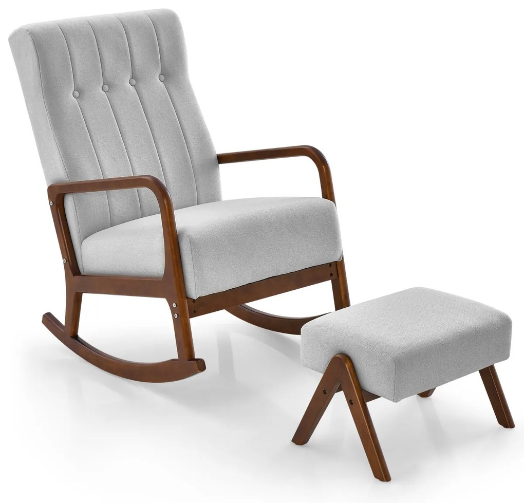 Cadeira de baloiço com pufe estofada em tecido com estrutura em madeira maciça de borracha ealmofadada Cinzenta