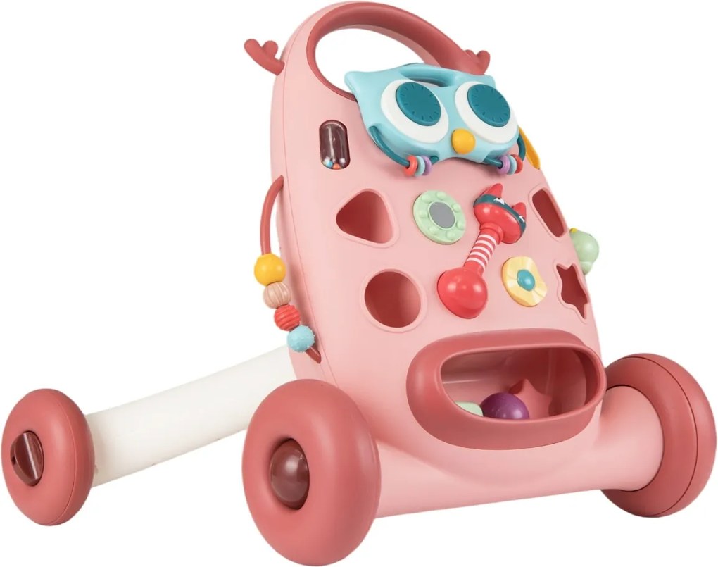 Andador Montessori bebés com Reprodutor Oval Removível Classificador de Formas Maracas Pássaro Deslizante e 2 Giradores Rosa