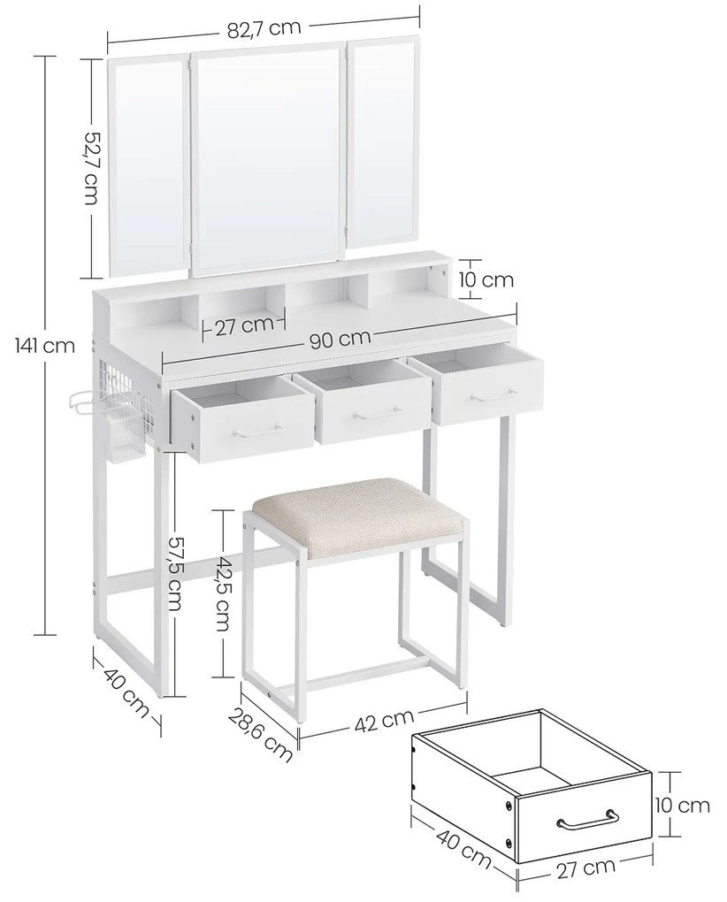 Toucador com banco e espelho 90 x 40 x 141 cm Branco