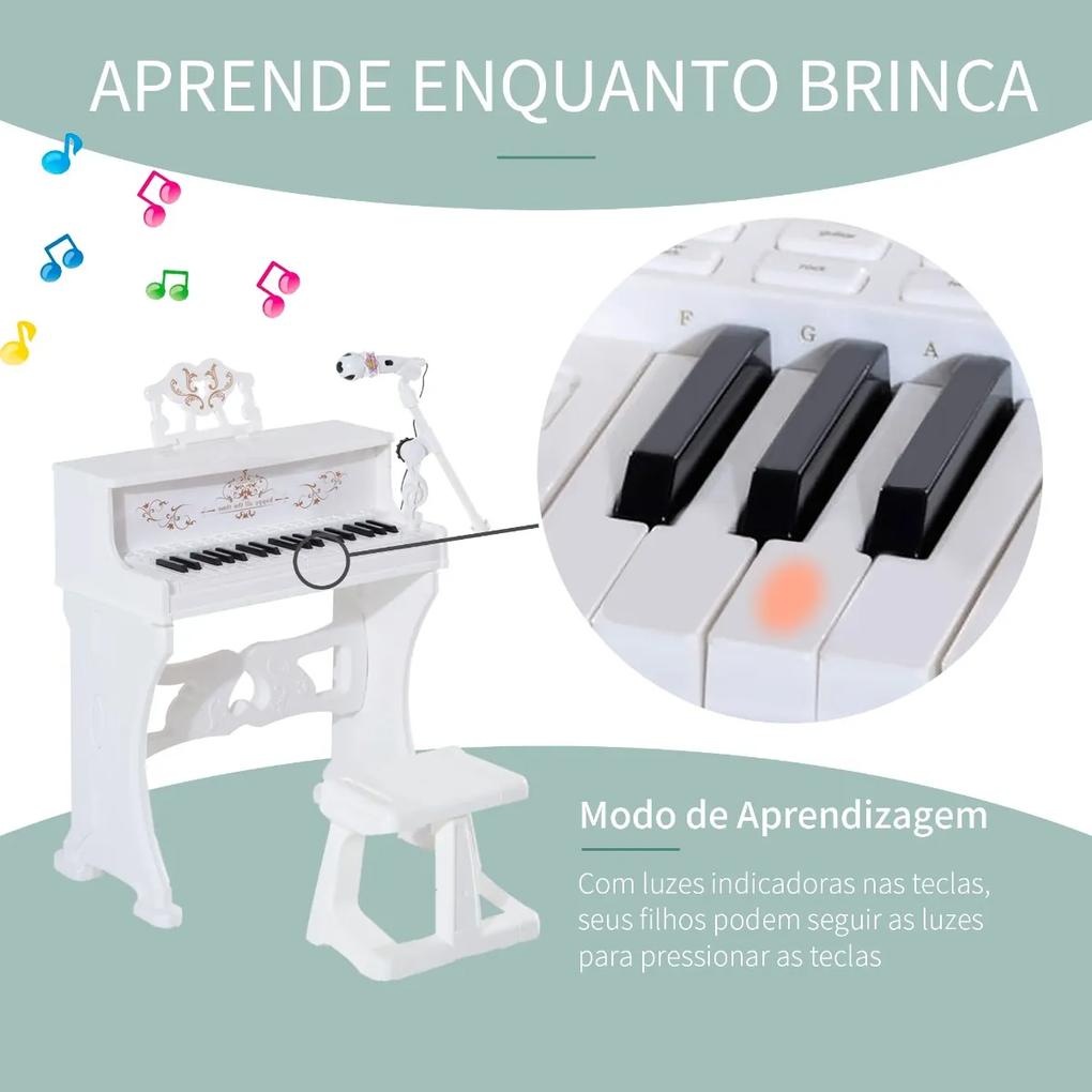 Piano Elétrico Infantil de 37 Teclas Conjunto de Piano com Microfone Banco Luzes e 22 Canções USB/MP3/Bluetooth Karaokê 53,5x27x63cm Branco