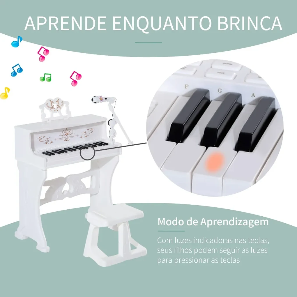 Piano infantil 37 Teclas com Microfone Banquinho Luzes e 22 Canções US