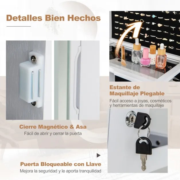 Armário para jóias com espelho de maquilhagem Base rotativa de 360° Armário para jóias com luzes LED Estante dobrável com fecho Branco