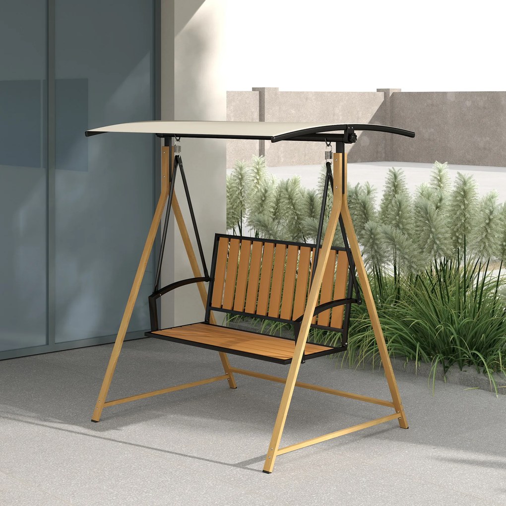 Baloiço de Jardim de 2 Lugares com Toldo Ajustável e Estrutura de Metal Carga 240 kg 142x112x162 cm Madeira e Creme