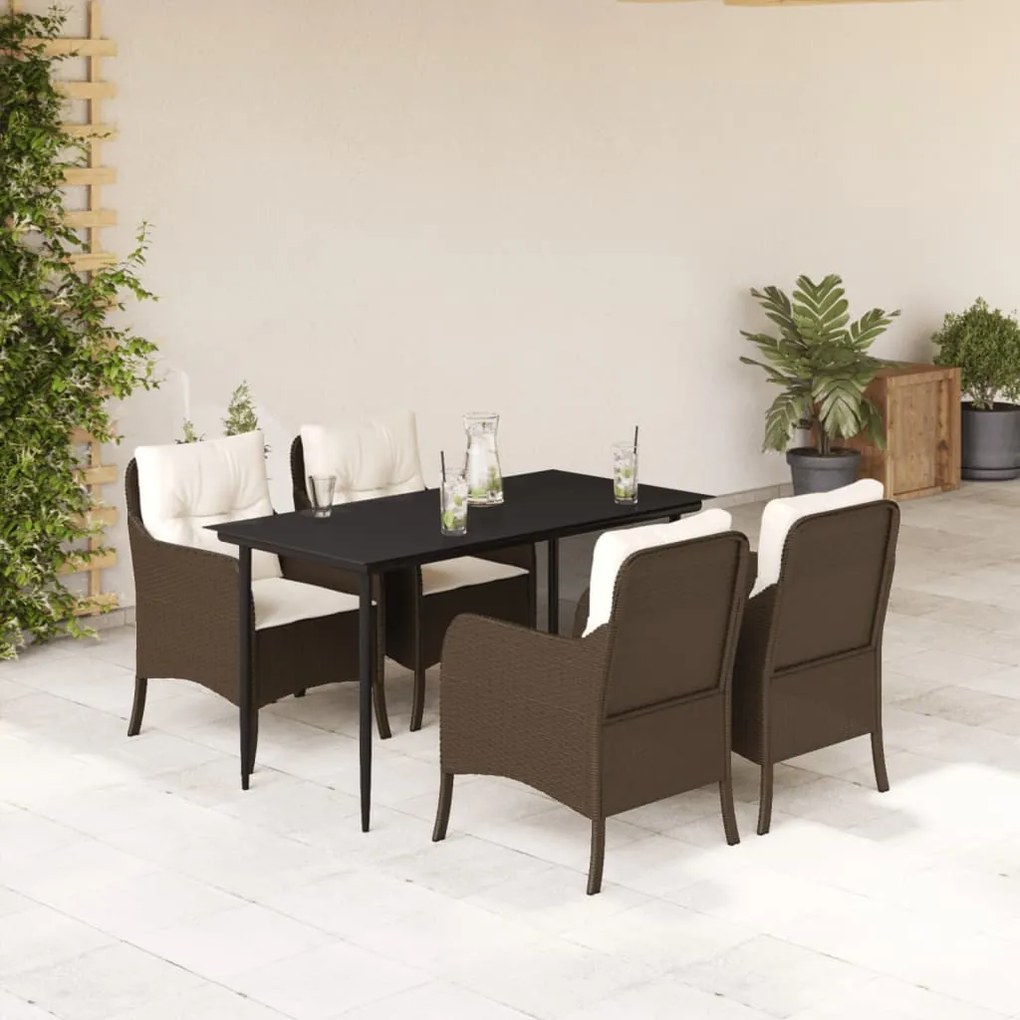 5 pcs conjunto jantar p/ jardim c/ almofadões vime PE castanho
