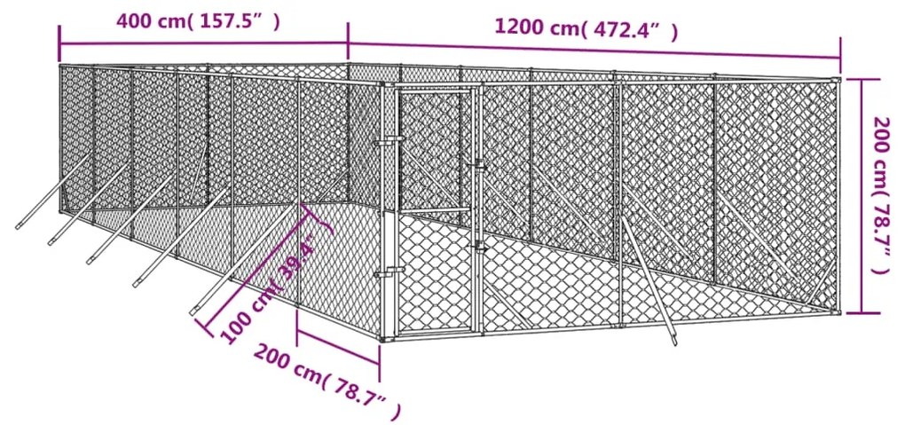 Canil de exterior 4x12x2 m aço galvanizado prateado