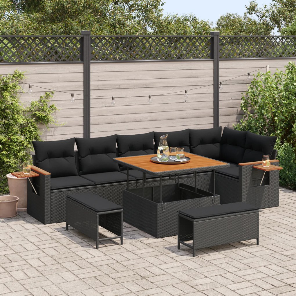 Conjunto de Sofá de Jardim de 9 Peças com Almofadas Pretas de Polirrattan e Acácia