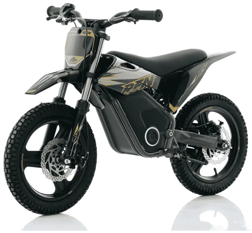 Mini moto elétrica para crianças velocidade até 30Km/h C/Limitador RFN Warrior SX-E350 14/14” 350W Preta e Dourada