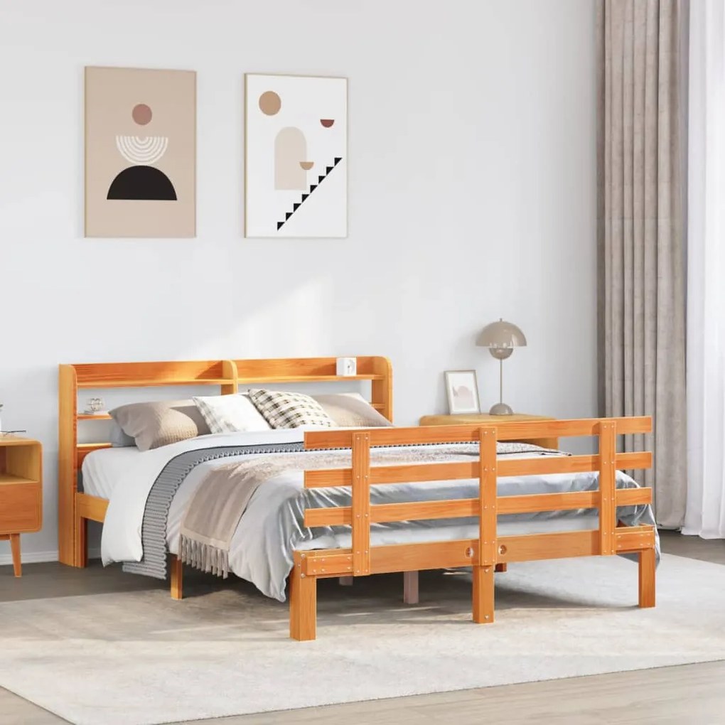 Estrutura cama c/ cabeceira 140x190cm pinho maciço castanho-mel