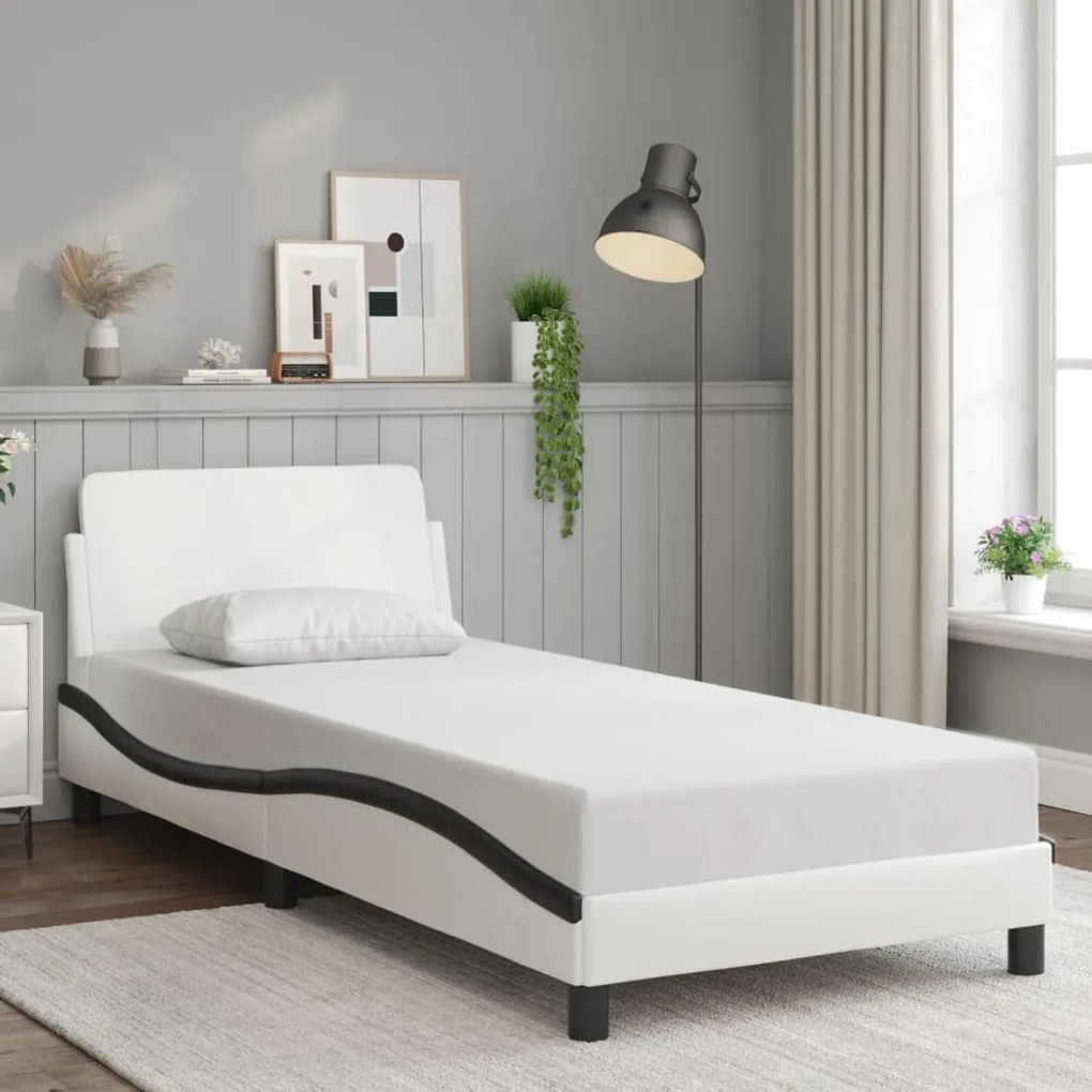 Estrutura cama c/cabeceira couro artificial 80x200 branco/preto