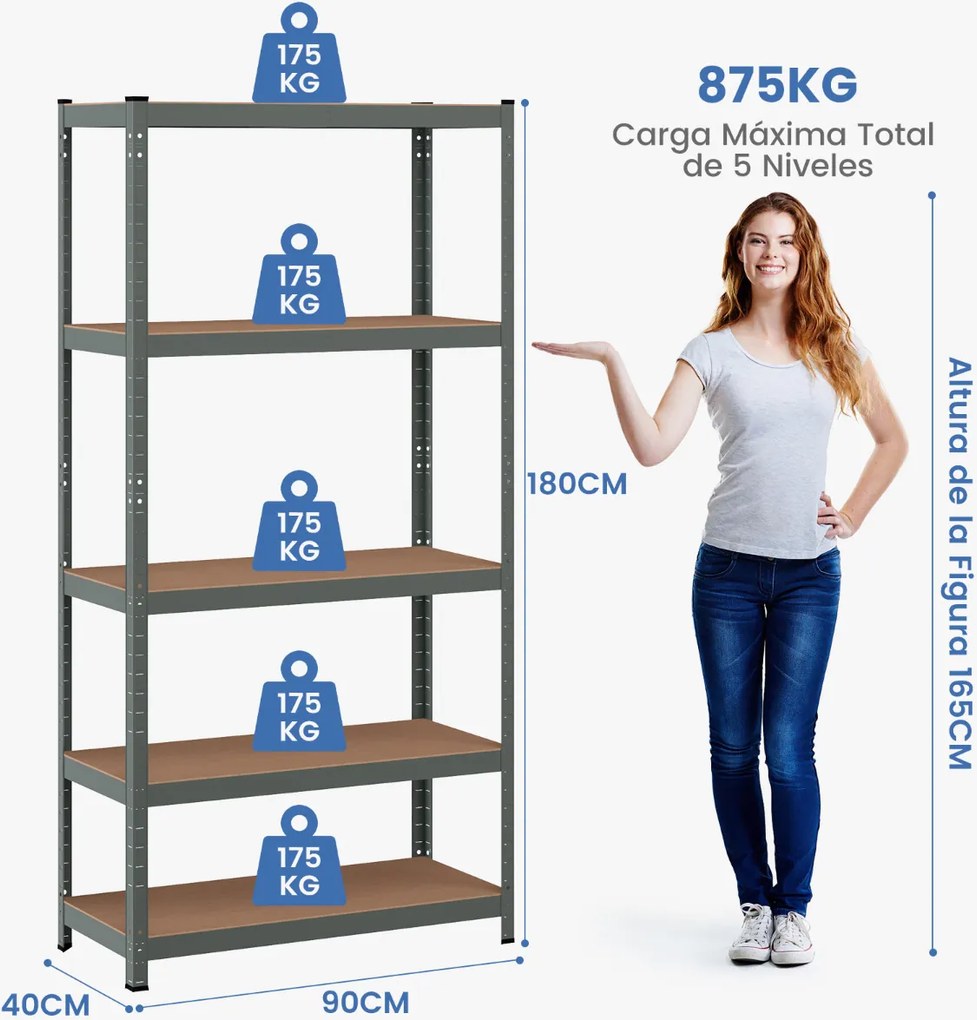 Estante de armazenamento 5 prateleiras (1 unidade) Carga até 875 kg Estantes de aço ajustáveis em altura para garagem Oficina 90x40,5x180,5cm Cinzenta