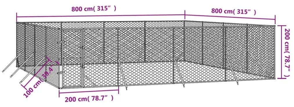 Canil de exterior 8x8x2 m aço galvanizado prateado