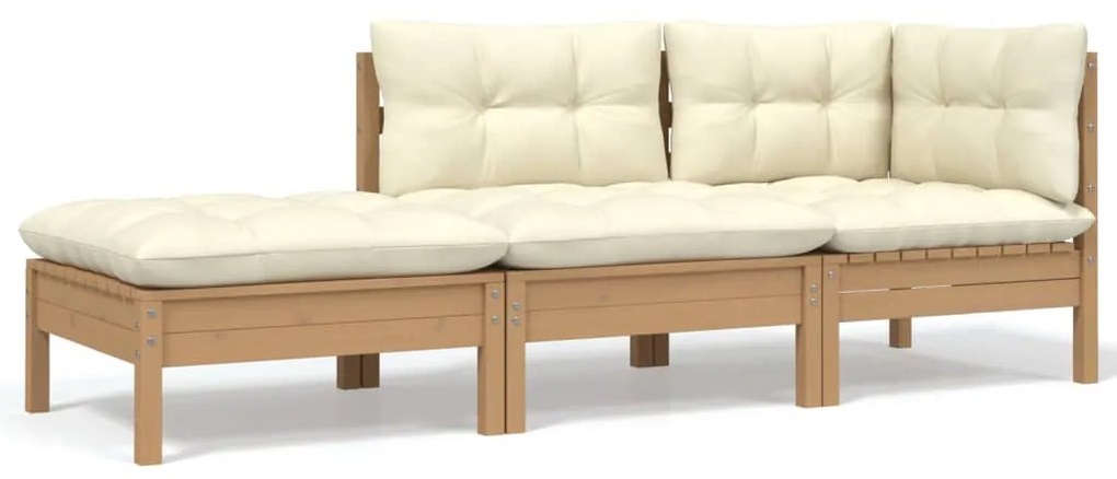 vidaXL 3 pcs conjunto lounge jardim c/ almofadões creme pinho maciço