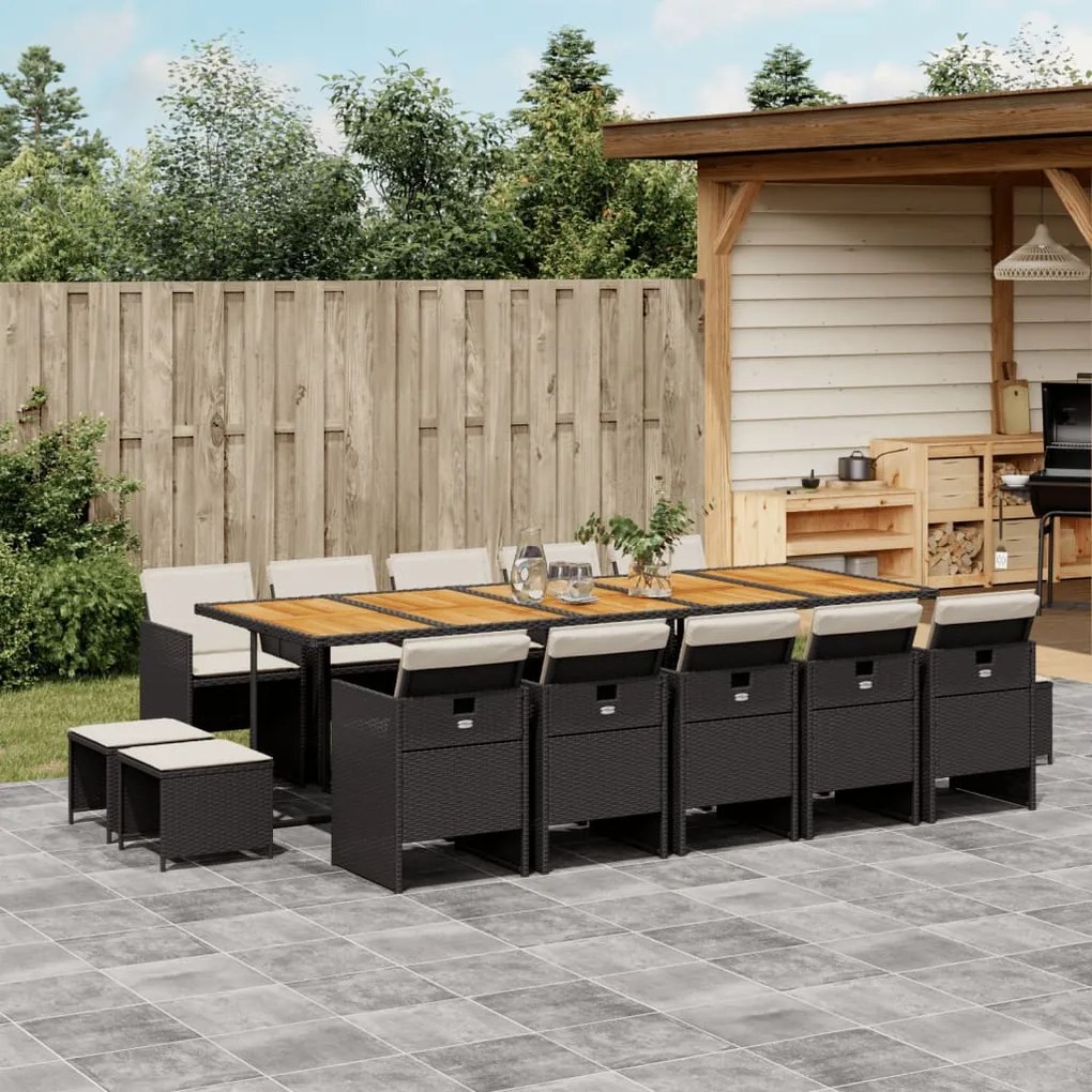 vidaXL 15 pcs conjunto de jantar p/jardim com almofadões vime PE preto