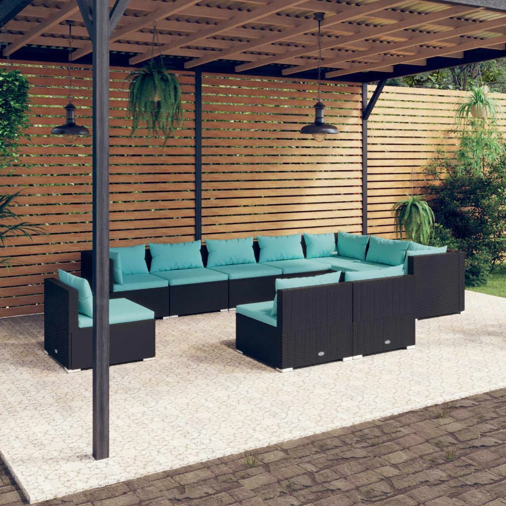 vidaXL 10 pcs conjunto lounge de jardim c/ almofadões vime PE preto