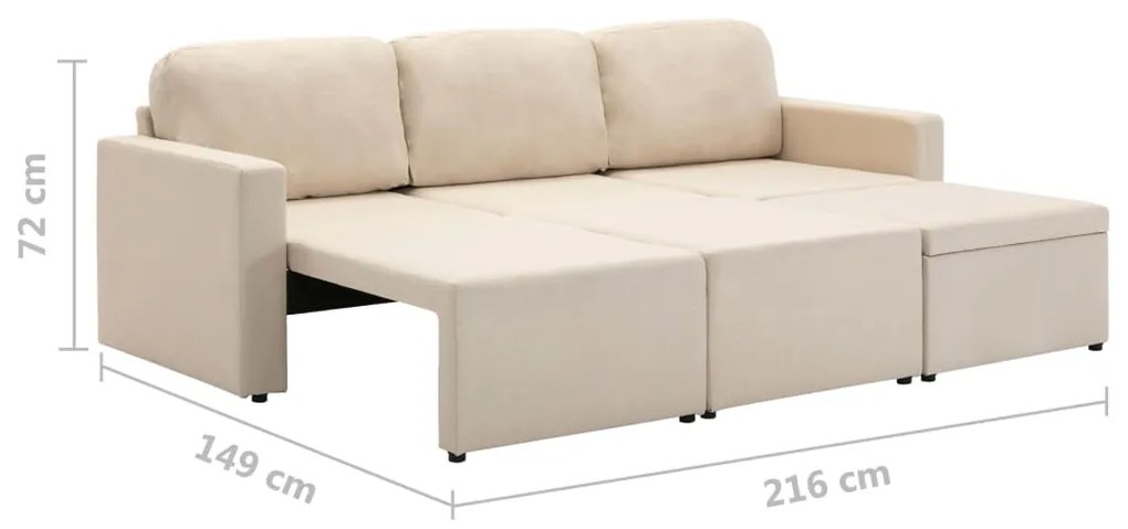 Sofá-cama modular de 3 lugares tecido creme