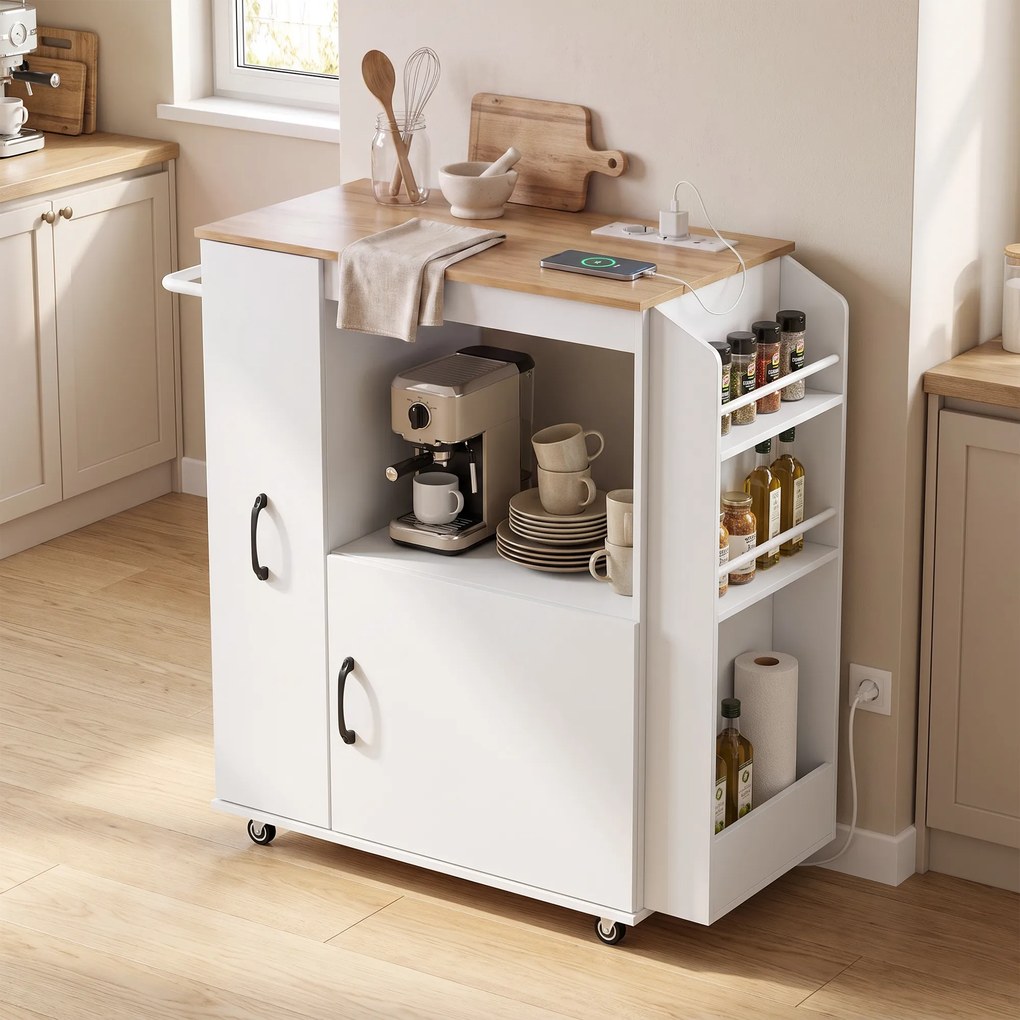 Carrinho de Cozinha com Rodas Estação de Carregamento Armário Organizador Extraível Porta-Especiarias e Barra para Panos 80x40x88 cm Branco