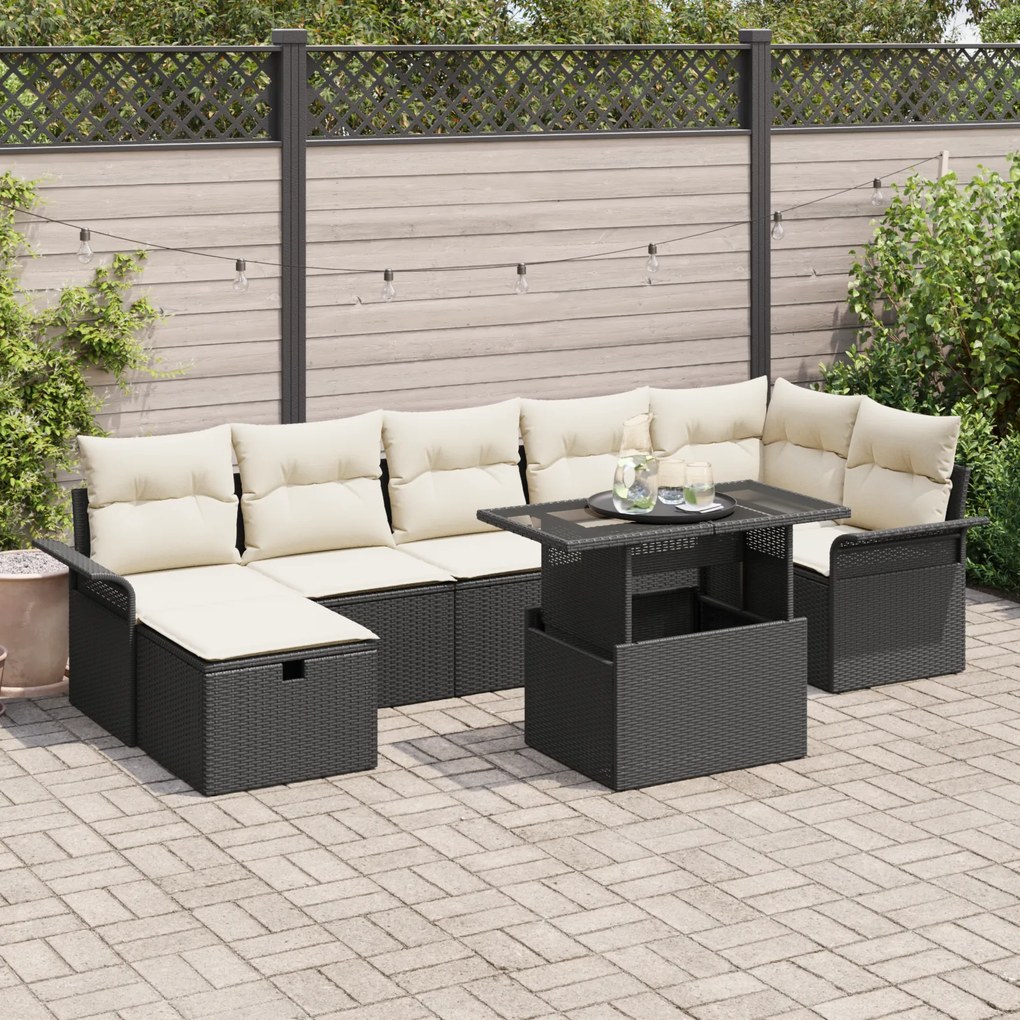 Conjunto de Sofá de Jardim vidaXL de 8 Peças com Almofadas Preto Ratta