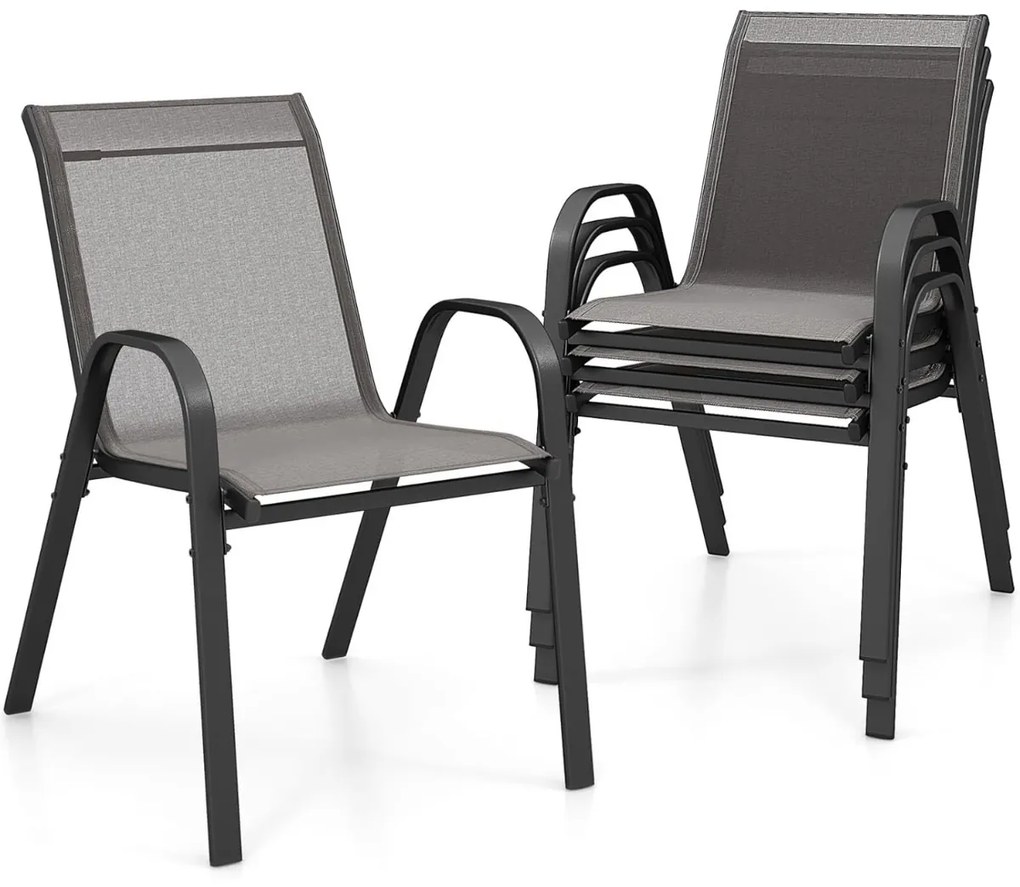 Conjunto de 4 cadeiras de jardim empilháveis (MESA NÃO INCLUIDA) com apoios de braços, encostos em metal e tecido, 56 x 70 x 84 cm Cinzento