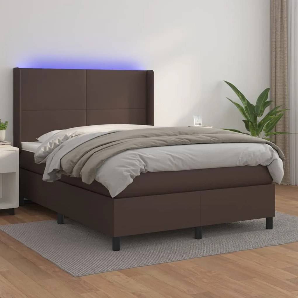 vidaXL Cama box spring c/ colchão/LED 140x190 cm couro artif. castanho