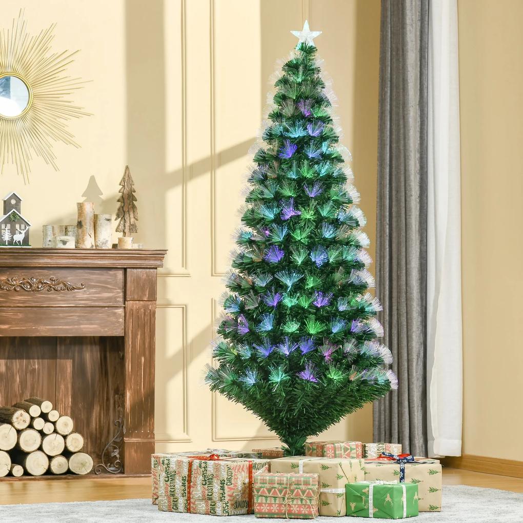 HOMCOM Árvore de Natal de Fibra Óptica Grande Altura 180 cm Estrela e 7 Luzes Coloridas Árvore de Natal Artificial Ø84x180cm Verde