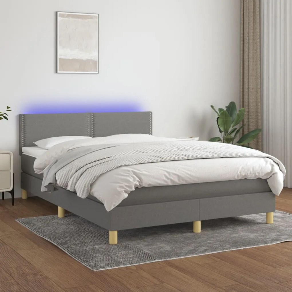 Cama box spring c/ colchão e LED 140x200 cm tecido cinza-escuro