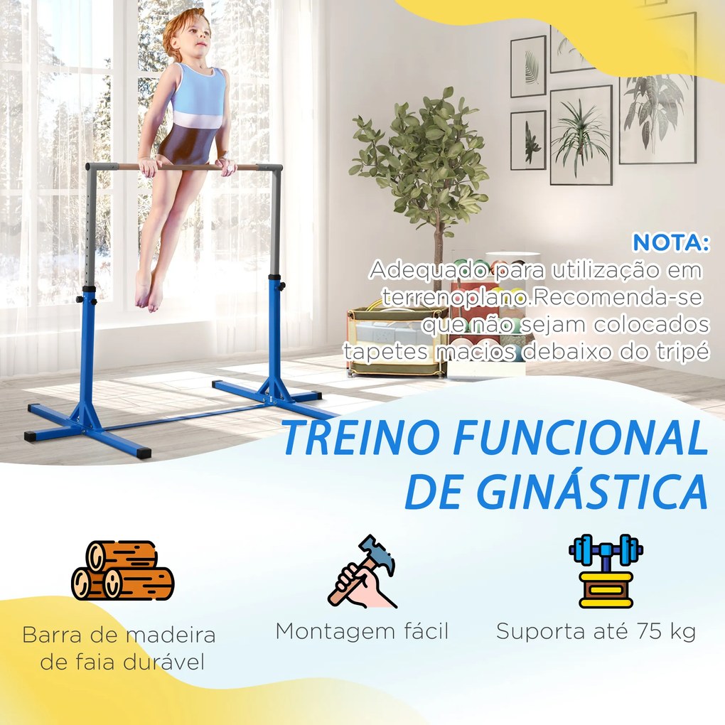 Barra de Ginástica para Crianças com Altura Ajustável 92-150 cm Barra Horizontal de Ginástica 197x121x150 cm Azul