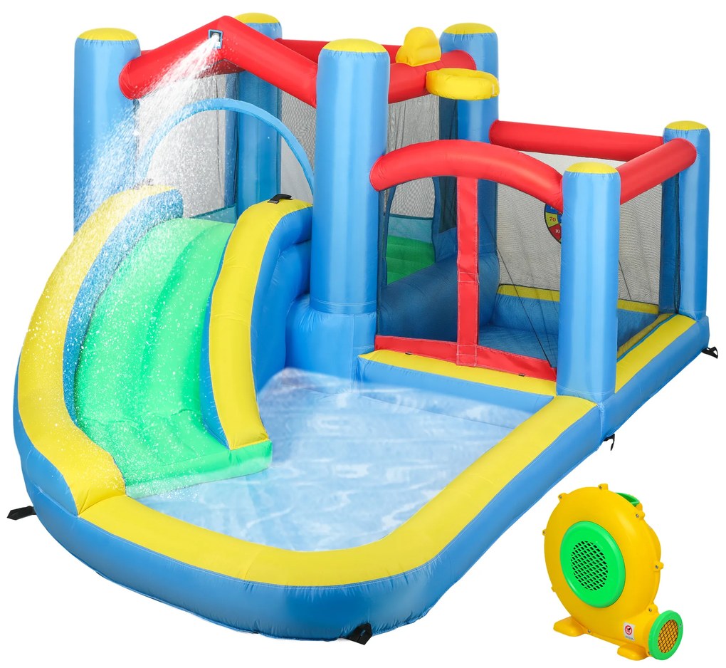 AIYAPLAY Castelo Insuflável 5 em 1 Parque Aquático Insuflável para Crianças com Escorrega Piscina Alvo e Cesta  385x290x180 cm Multicor | Aosom Portugal