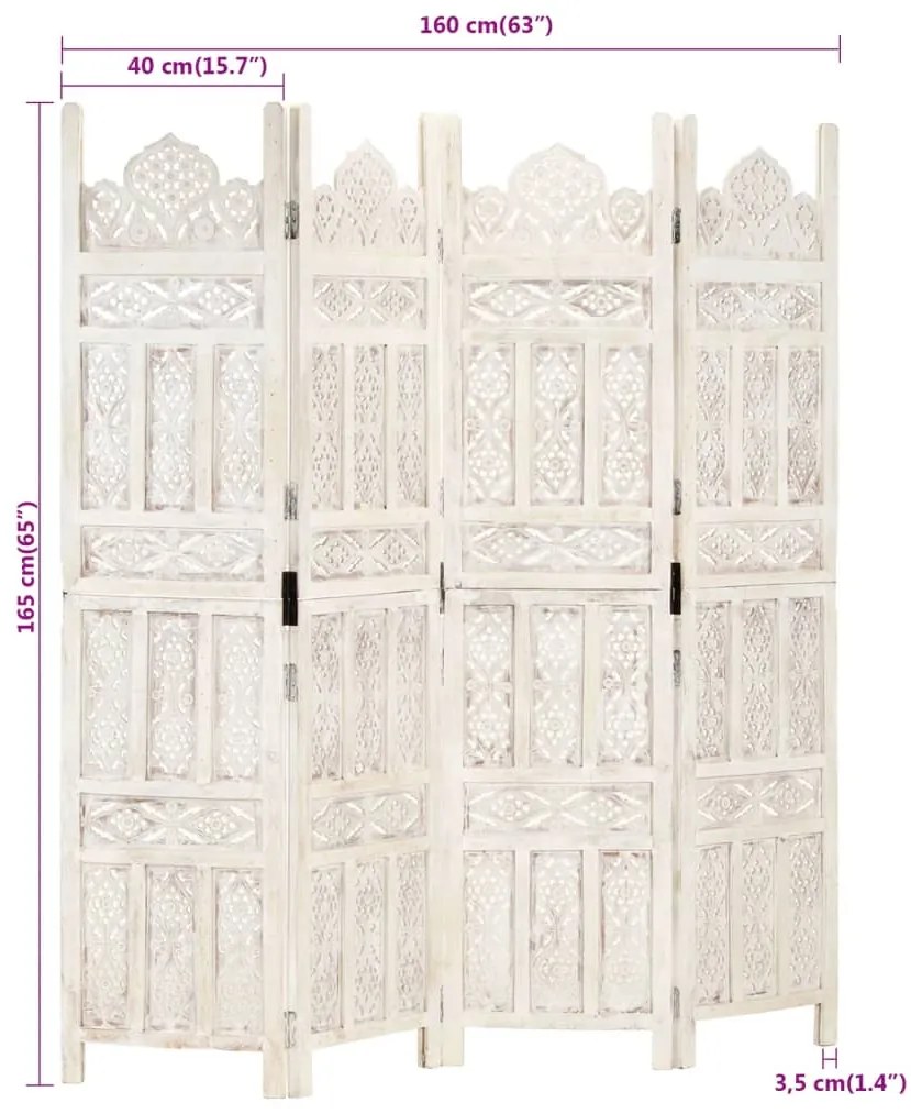 Biombo esculp. mão 4 painéis 160x165cm mangueira maciça branco