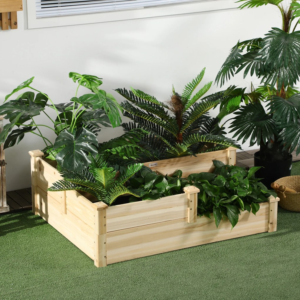 Floreira de madeira para horta 108 x 88 x 36 cm, floreira exterior em degraus com 3 níveis, design sem fundo, madeira natural