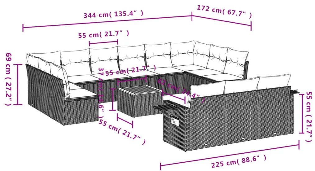 14 pcs conjunto de sofás p/ jardim c/ almofadões vime PE preto