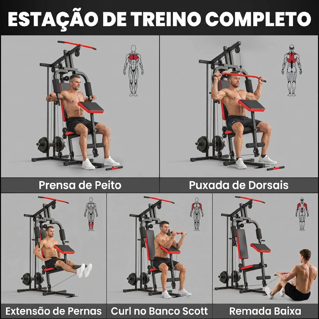 Máquina de Musculação com Polia Alta e Baixa (PESOS NÃO INCLUIDOS), Para Peito e Pernas, Compatível com Discos de 25 e 50 mm (Não Incluídos)