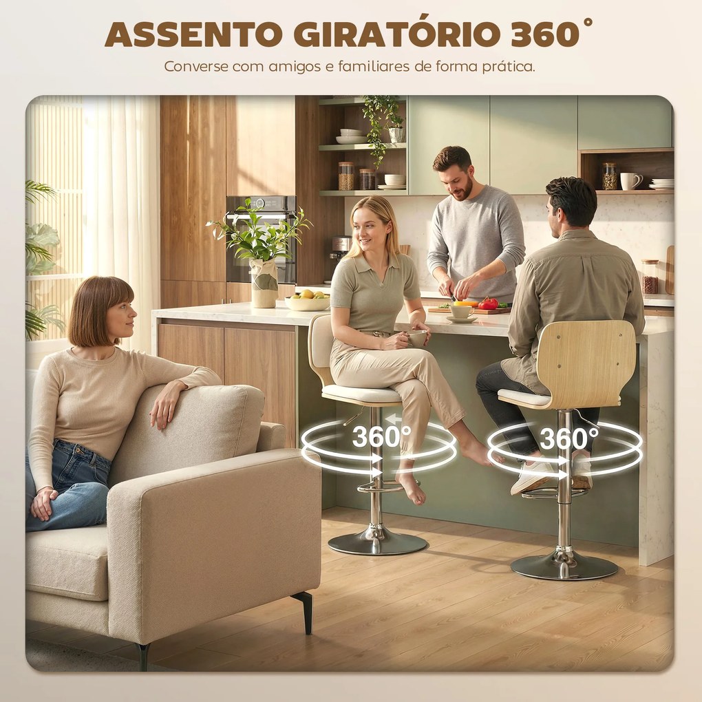 Conjunto de 2 Bancos de Bar Giratórios com Altura Ajustável Estofados em Tecido Tipo Linho com Base em Aço 41x47,5x81-102 cm  Bege