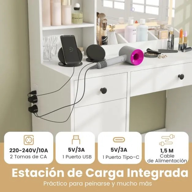 Toucador com banco, espelho e luzes LED reguláveis com estação de carregamento, 3 prateleiras abertas, 2 gavetas, 90 x 40 x 135 cm, branca