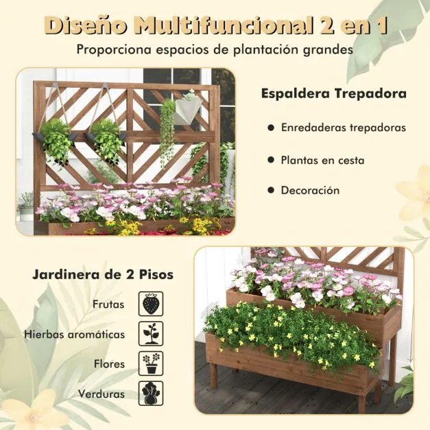 Floreira de jardim de 2 níveis com treliça e pernas 109 x 62 x 135 cm Castanho