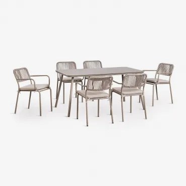 Conjunto De Mesa Retangular 160x90 Cm E 6 Cadeiras De Jantar Empilháveis Em Corda Trançada Arhiza Moka Brown - Sklum