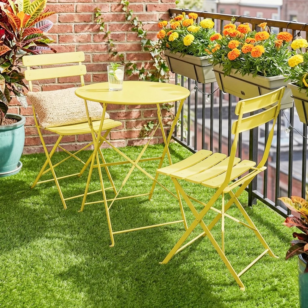 Conjunto de jardim de 3 peças: mesa e 2 cadeiras dobráveis com ripas, dupla proteção antiferrugem, cor amarela