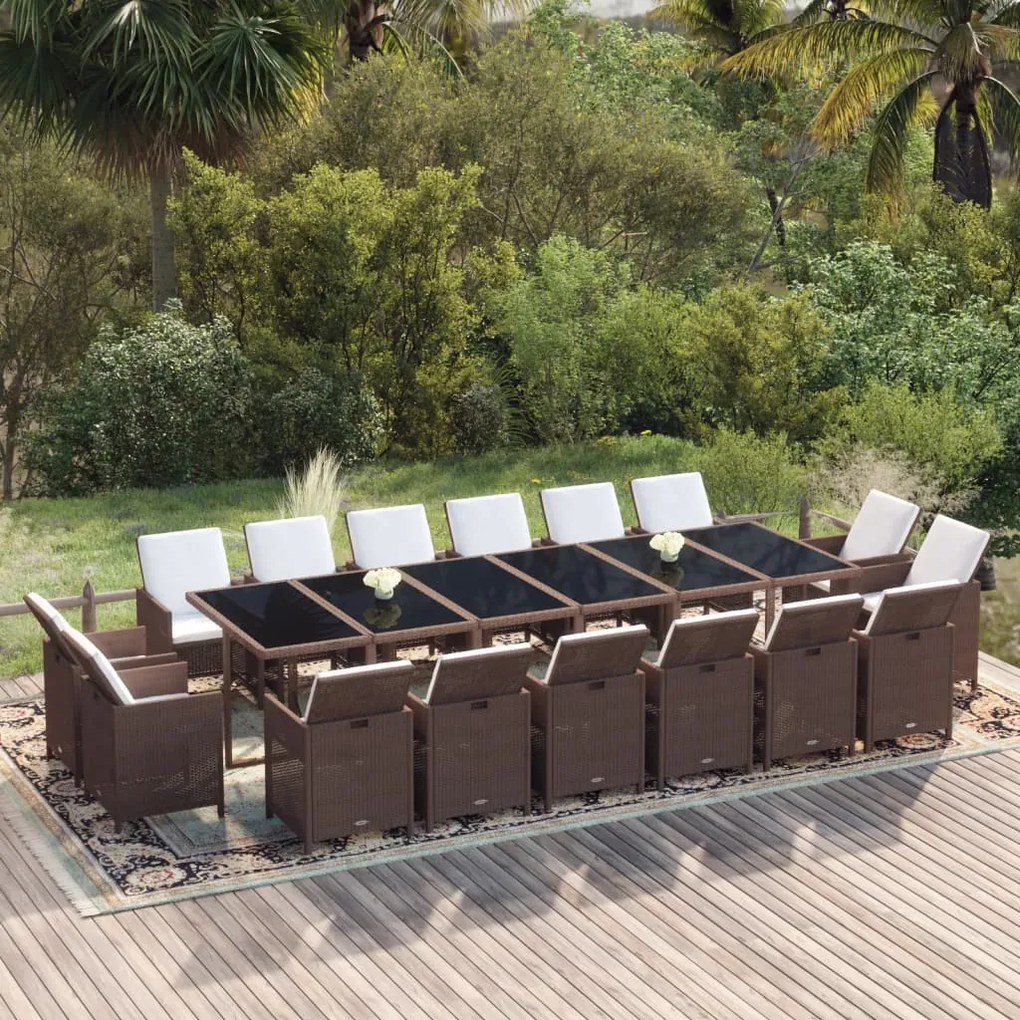 vidaXL 17 pcs conjunto jantar p/ jardim c/ almofadões vime PE castanho